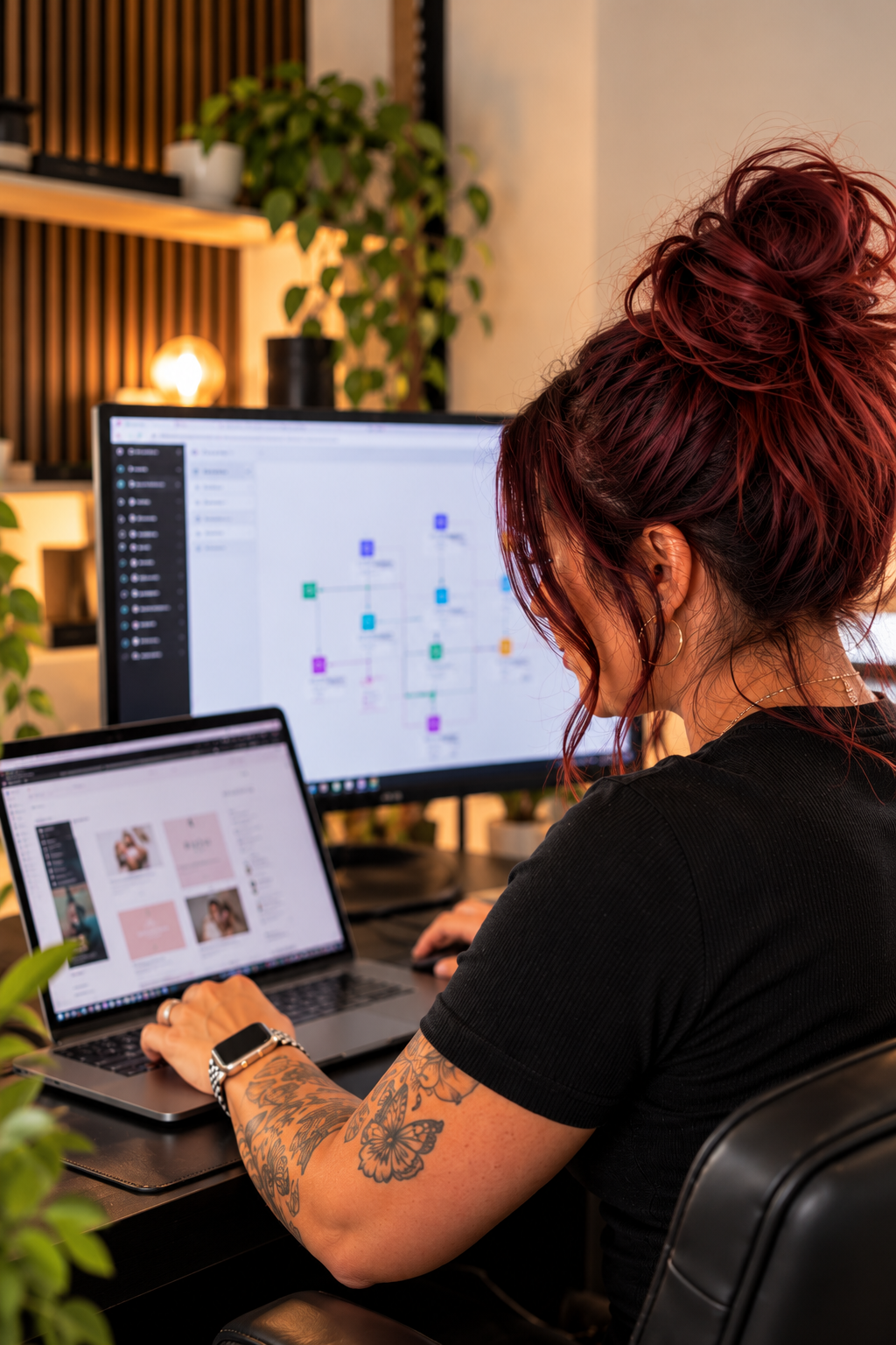 Mallory building an automation workflow at her desk