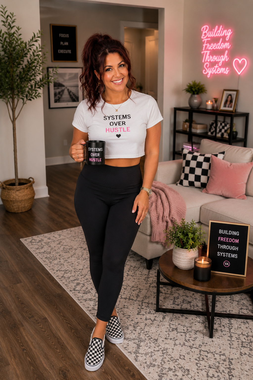 Mallory working from her cozy living room