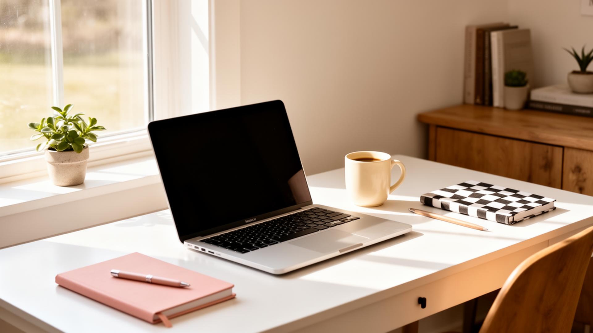 Cozy modern home office with MacBook, coffee mug and plant